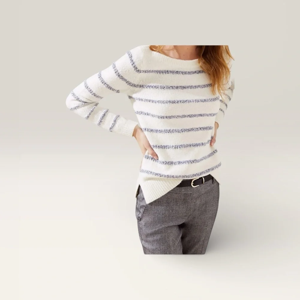 LOFT White and Gray Striped Sweater